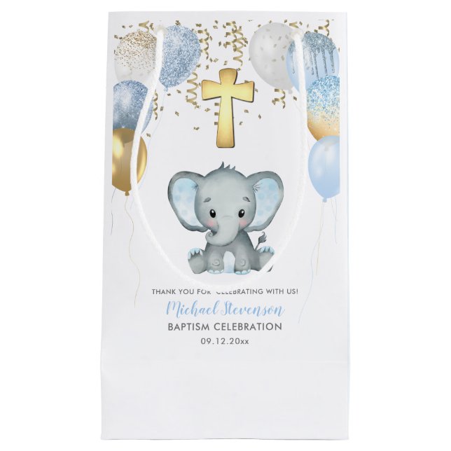 Cute Elephant Boys Balloon Baptism Small Gift Bag (Front)