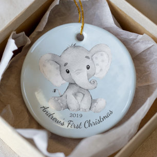 Cute Elephant Boys First Christmas Ornament