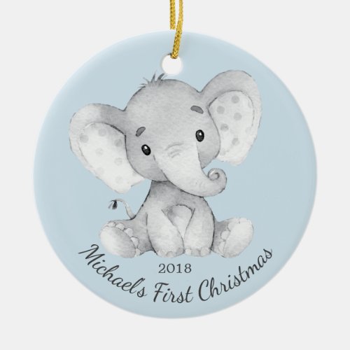 Cute Elephant Boys First Christmas Ornament