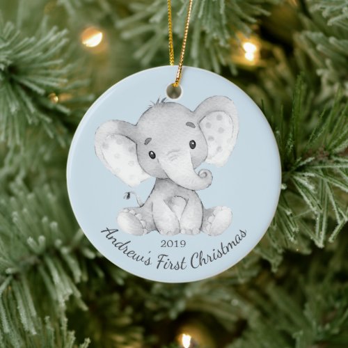 Cute Elephant Boys First Christmas Ornament