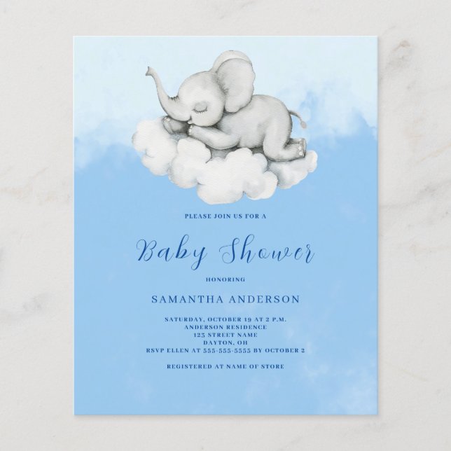 Cute Elephant Budget Boy Baby Shower Invitation (Front)