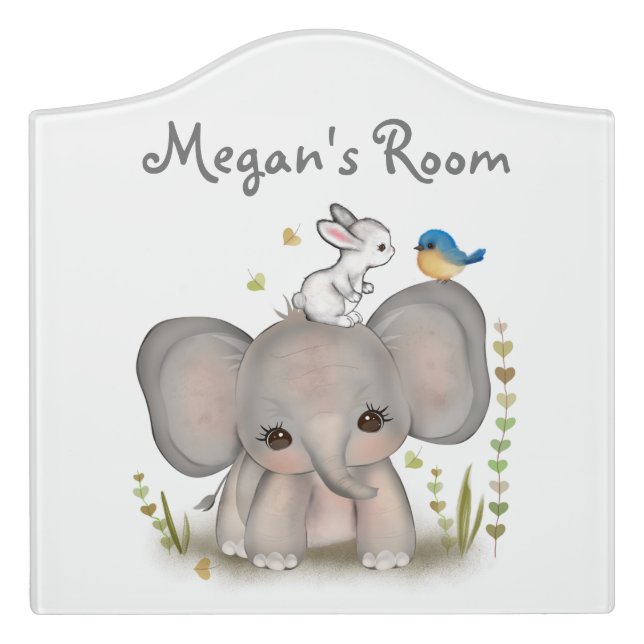 Cute Elephant, Bunny, Bluebird Kid's Room Sign (Large Crest Front)