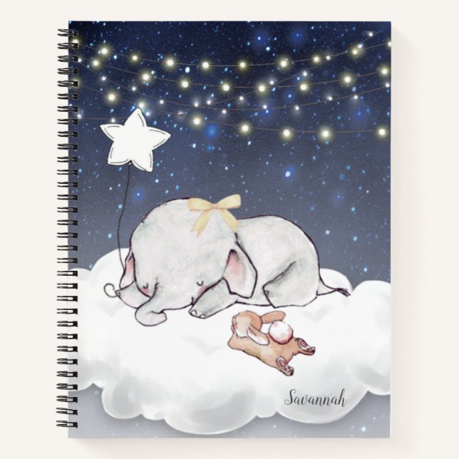 Cute Elephant Bunny Colorful Name Notebook (Front)