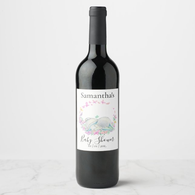 Cute Elephant  Butterflies Baby shower  Wine Label (Front)