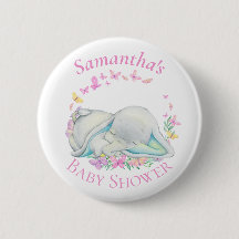 Cute Elephant Butterflies Blue Baby Shower Button
