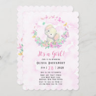 Cute Elephant & Butterflies Girl Baby Shower Invitation