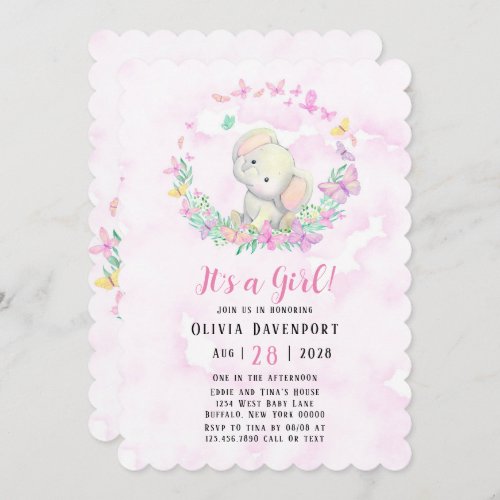 Cute Elephant  Butterflies Girl Baby Shower Invitation