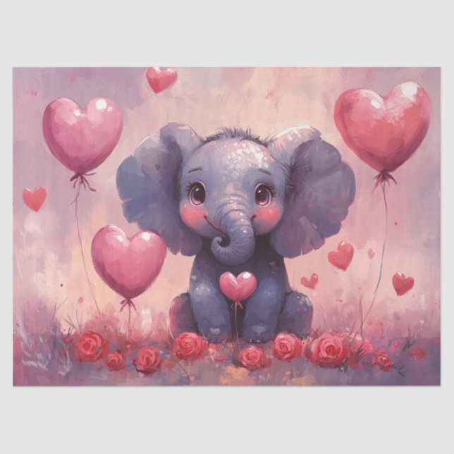 Cute Elephant Calf Heart Balloons Decoupage Tissue Paper (Front)