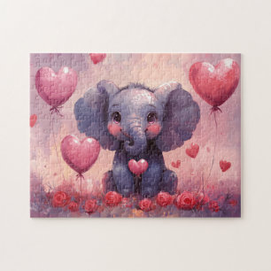 Cute Elephant Calf Heart Balloons Jigsaw Puzzle