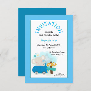 Cute Elephant Car Boy Birthday Party Blue Invitation