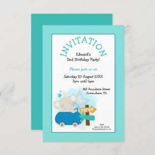 Cute Elephant Car Boy Birthday Party Teal Invitation