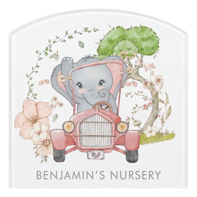 Cute Elephant Car Name Baby Nursery Door Sign (Contour Front)