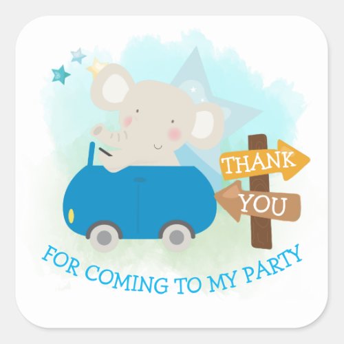 Cute Elephant Car Thank You Boy Birthday Square Sticker