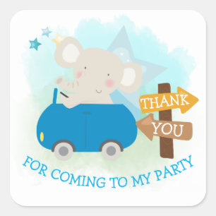 Cute Elephant Car Thank You Boy Birthday Square Sticker
