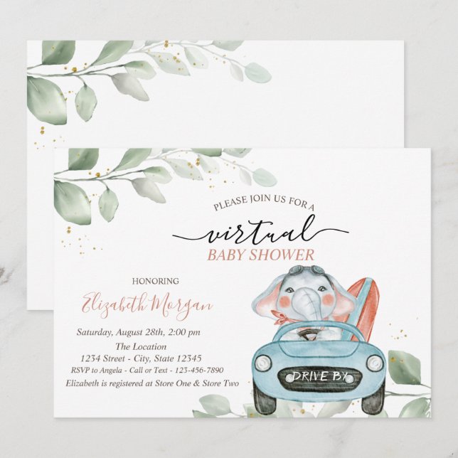 Cute Elephant Car Virtual Drive By Baby Shower Invitation (Front/Back)