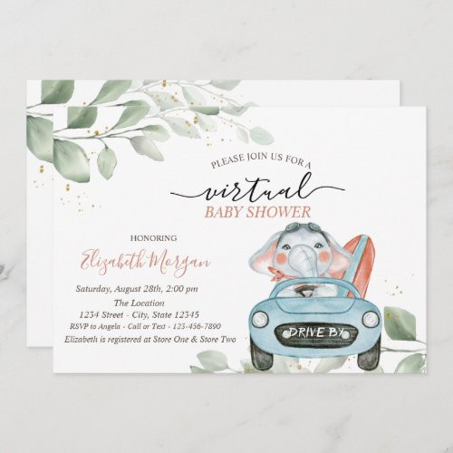 Cute Elephant Car Virtual Drive By Baby Shower Invitation