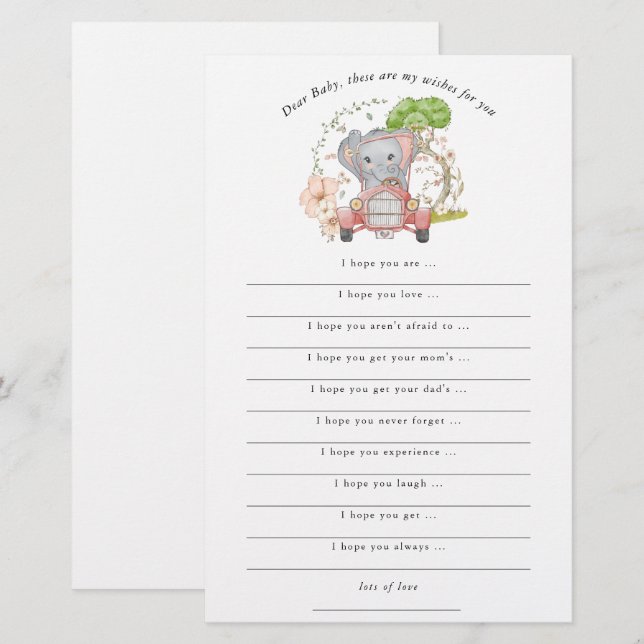 Cute Elephant Car Wishes for Baby Shower (Front/Back)