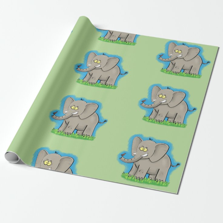 Cute elephant cartoon green pattern wrapping paper | Zazzle