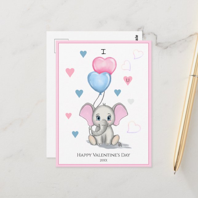 Cute Elephant Cartoon | Personalized Valentine's   Postcard (Front/Back In Situ)