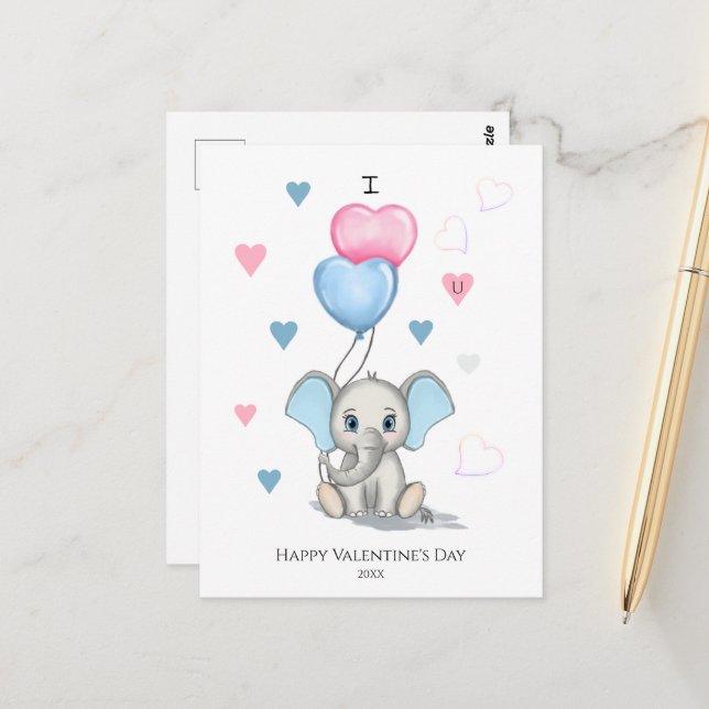 Cute Elephant Cartoon | Personalized Valentine's   Postcard (Front/Back In Situ)