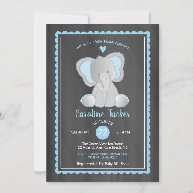 Cute Elephant Chalkboard Baby Boy Shower Invitation (Front)