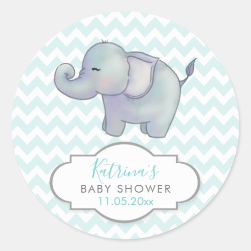 Cute Elephant  Chevron Blue Baby Shower Thank You Classic Round Sticker