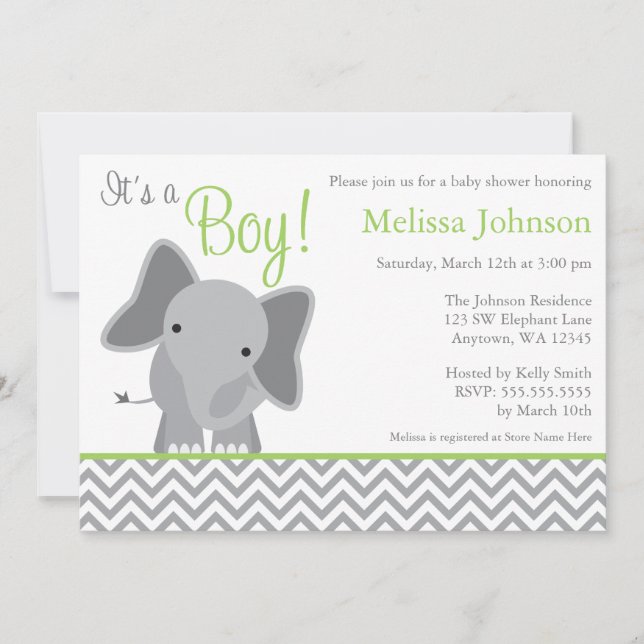 Cute Elephant Chevron Green Baby Shower Invitation (Front)