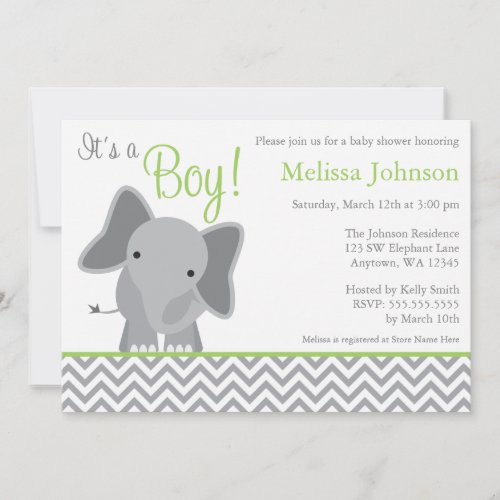 Cute Elephant Chevron Green Baby Shower Invitation