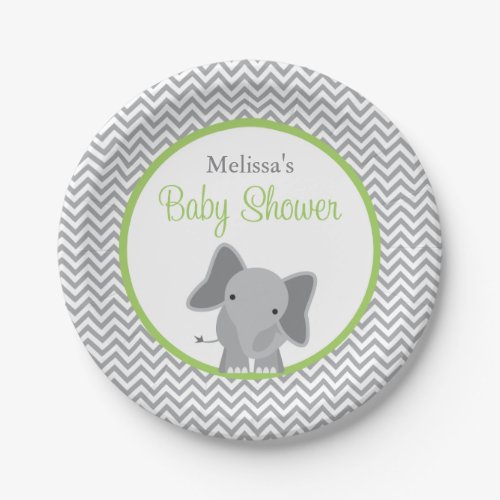 Cute Elephant Chevron Green Baby Shower Paper Plates