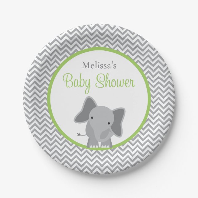 Cute Elephant Chevron Green Baby Shower Paper Plates (Front)