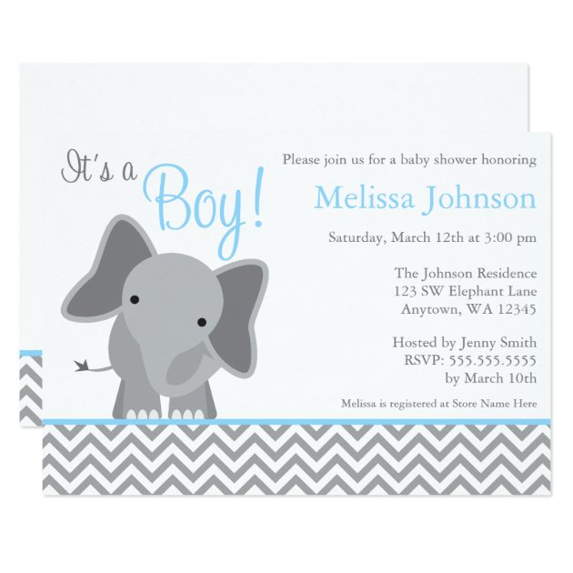 Cute Elephant Chevron Light Blue Baby Shower Invitation