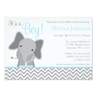 Cute Elephant Chevron Light Blue Baby Shower Card