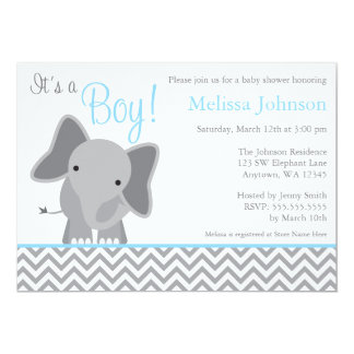 Cute Elephant Chevron Light Blue Baby Shower Card