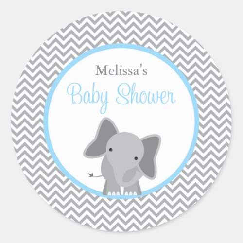 Cute Elephant Chevron Light Blue Baby Shower Classic Round Sticker