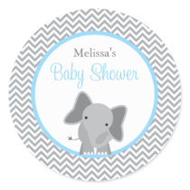 Cute Elephant Chevron Light Blue Baby Shower Classic Round Sticker