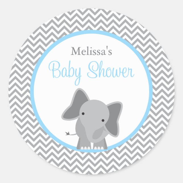 Cute Elephant Chevron Light Blue Baby Shower Classic Round Sticker (Front)