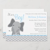 Cute Elephant Chevron Light Blue Baby Shower Invitation (Front/Back)