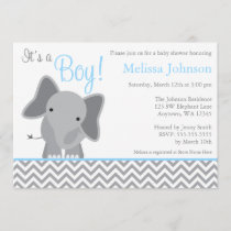 Cute Elephant Chevron Light Blue Baby Shower Invitation