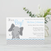 Cute Elephant Chevron Light Blue Baby Shower Invitation (Standing Front)