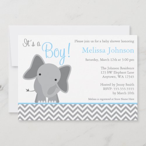 Cute Elephant Chevron Light Blue Baby Shower Invitation