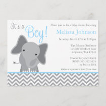 Cute Elephant Chevron Light Blue Baby Shower Invitation