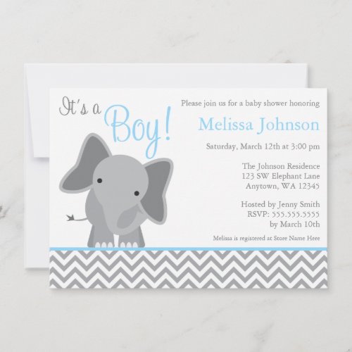 Cute Elephant Chevron Light Blue Baby Shower Personalized Invites
