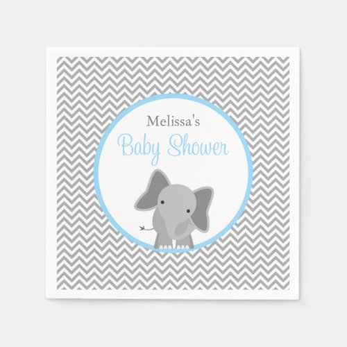 Cute Elephant Chevron Light Blue Baby Shower Paper Napkins