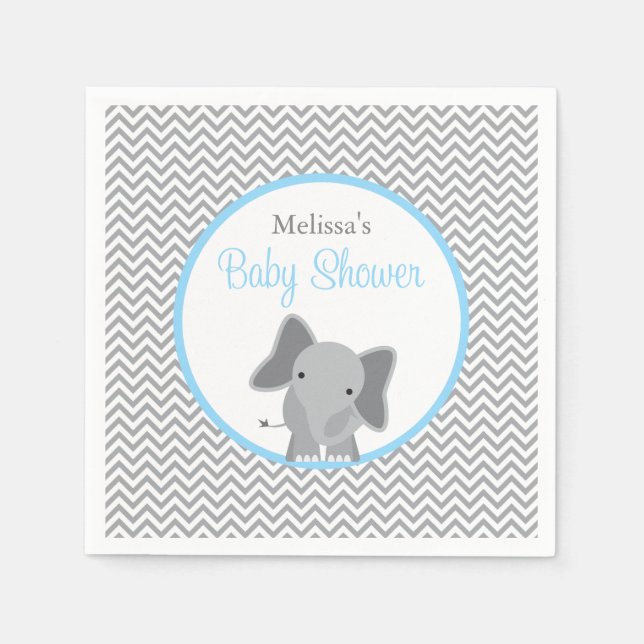 Cute Elephant Chevron Light Blue Baby Shower Paper Napkins (Front)