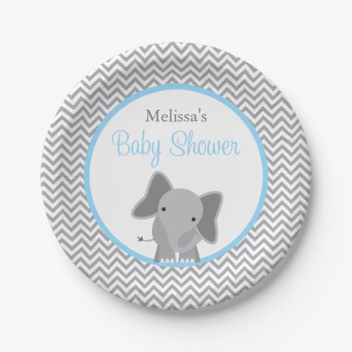 Cute Elephant Chevron Light Blue Baby Shower Paper Plates