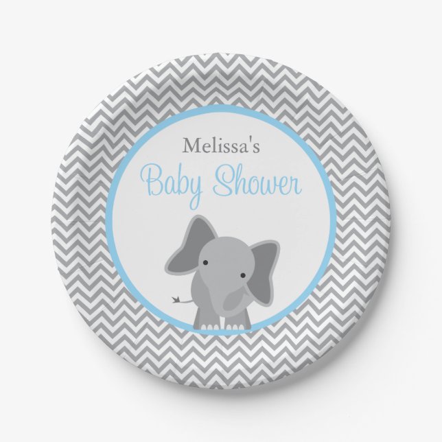 Cute Elephant Chevron Light Blue Baby Shower Paper Plates (Front)
