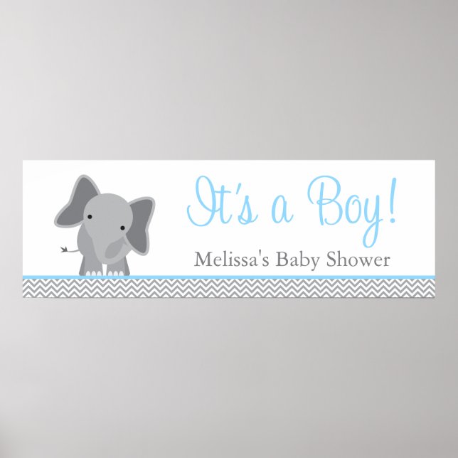 Cute Elephant Chevron Light Blue Baby Shower Poster (Front)