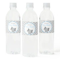 Cute Elephant Chevron Light Blue Baby Shower Water Bottle Label
