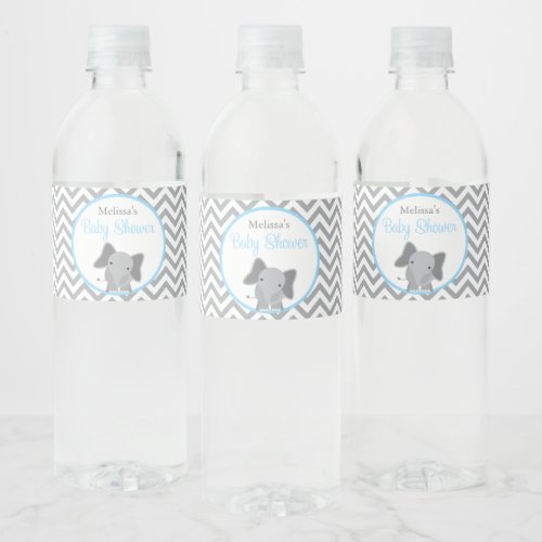 Cute Elephant Chevron Light Blue Baby Shower Water Bottle Label