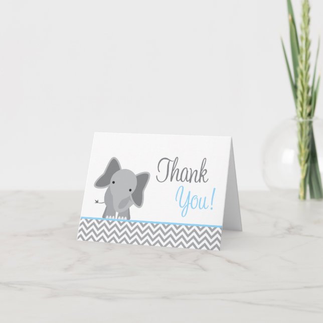 Cute Elephant Chevron Light Blue Thank You Card (Front)
